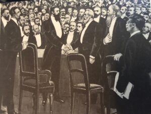 Nordau greeting Herzl at first Zionist Congress in Basle 1897